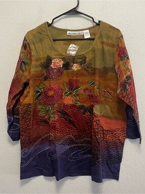 Denim 24/7 vibrant floral print  intricate beadwork details 3/4 Sleeves T Shirt